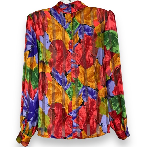 Vintage Floral Blouse Sheer Stripe Vibrant Colors Rolled Collar Eclectic Pleats - Picture 2 of 16